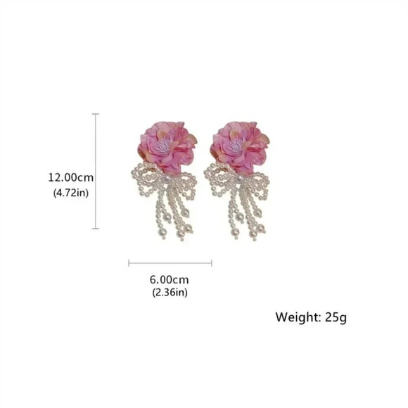White Large Flower Decor Faux Pearl Tassel Earrings - Picture 4 of 4